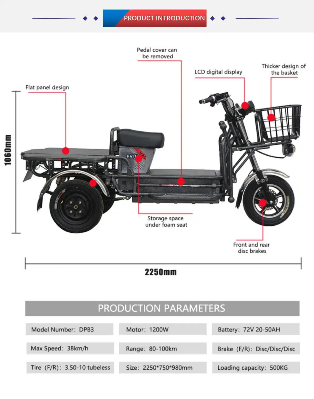 2023 New Fashion Popular Cheap Electric Tricycle with Big Loading
